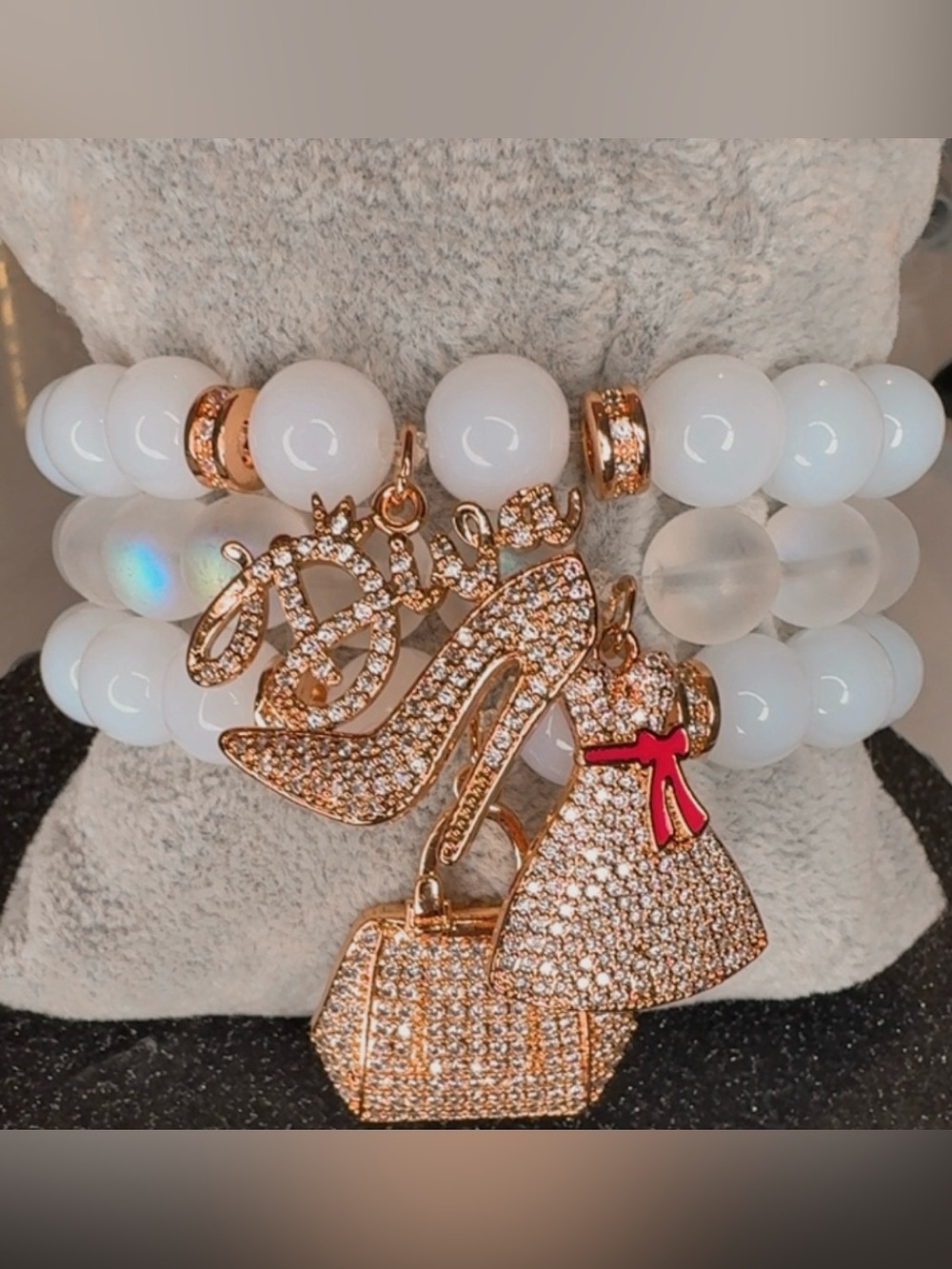 Glass Beaded Bracelets with Rose Gold cz Crystal pave High Heel & Purse Charms